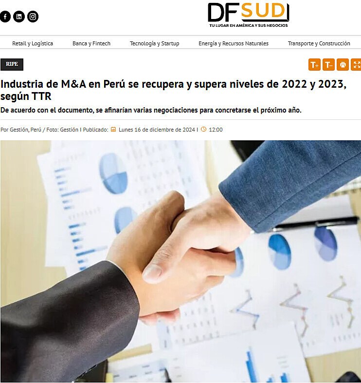 Industria de M&A en Per se recupera y supera niveles de 2022 y 2023, segn TTR